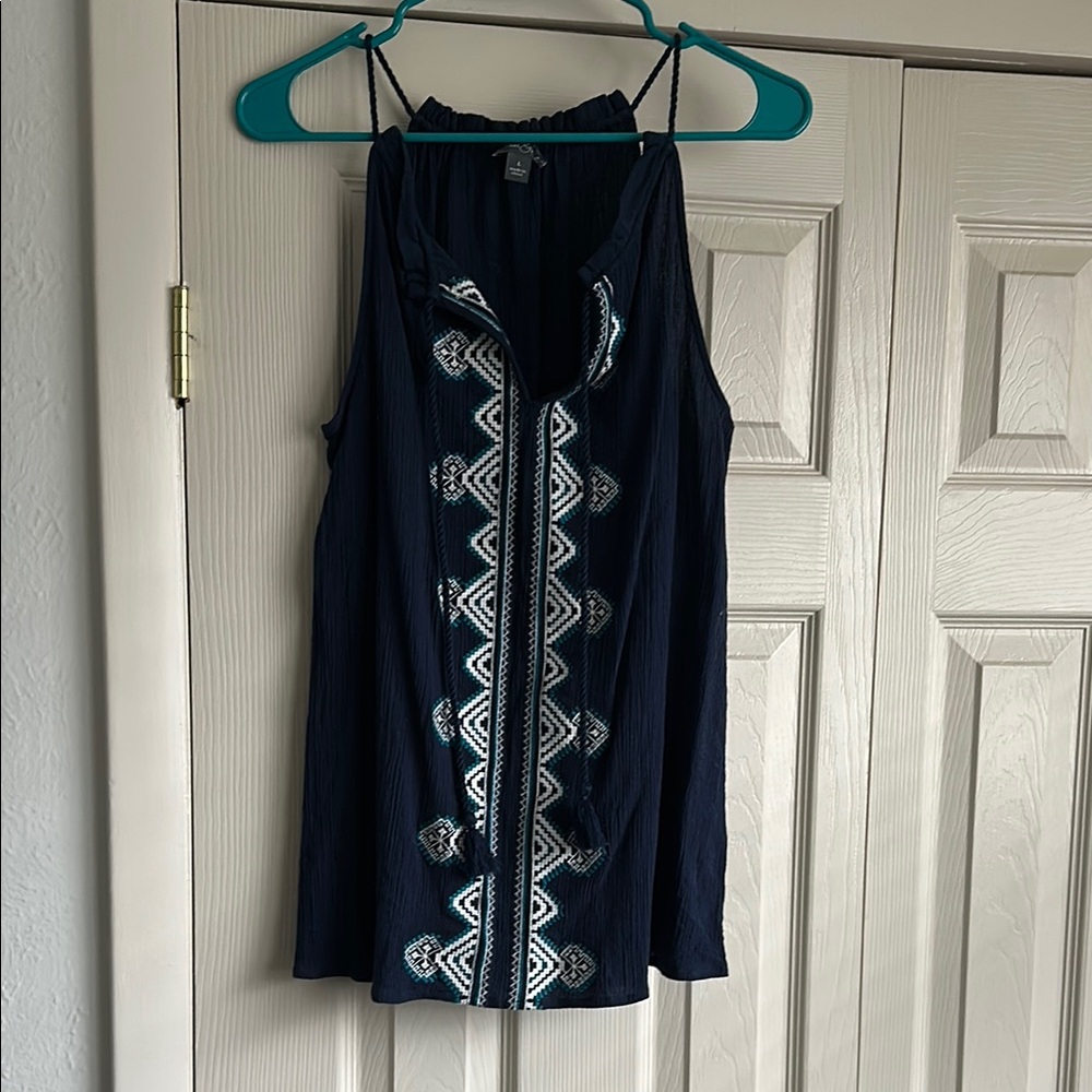 Navy Blue Embroidered Sleeveless Top